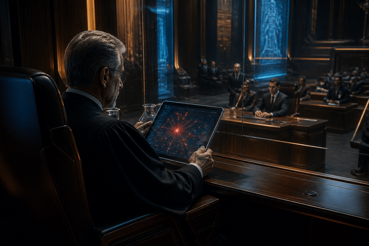 A conceptual digital representation of legal malpractice and artificial intelligence errors in a courtroom setting.