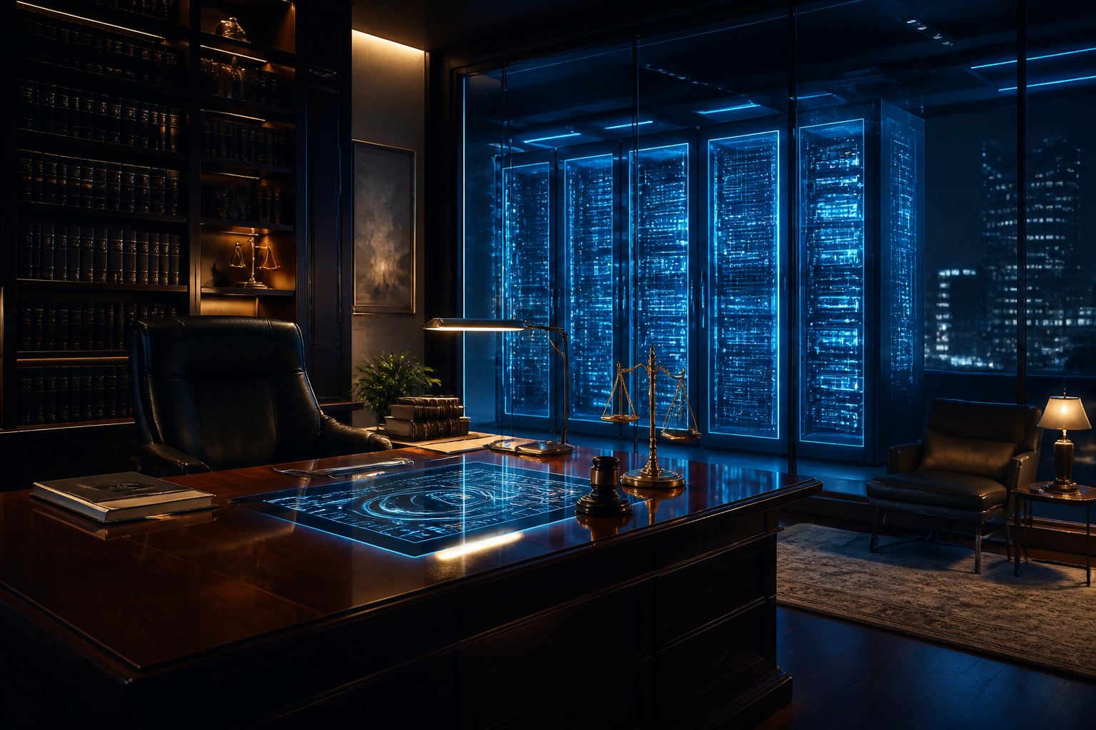 A futuristic law firm interior showcasing the move toward private server infrastructure.