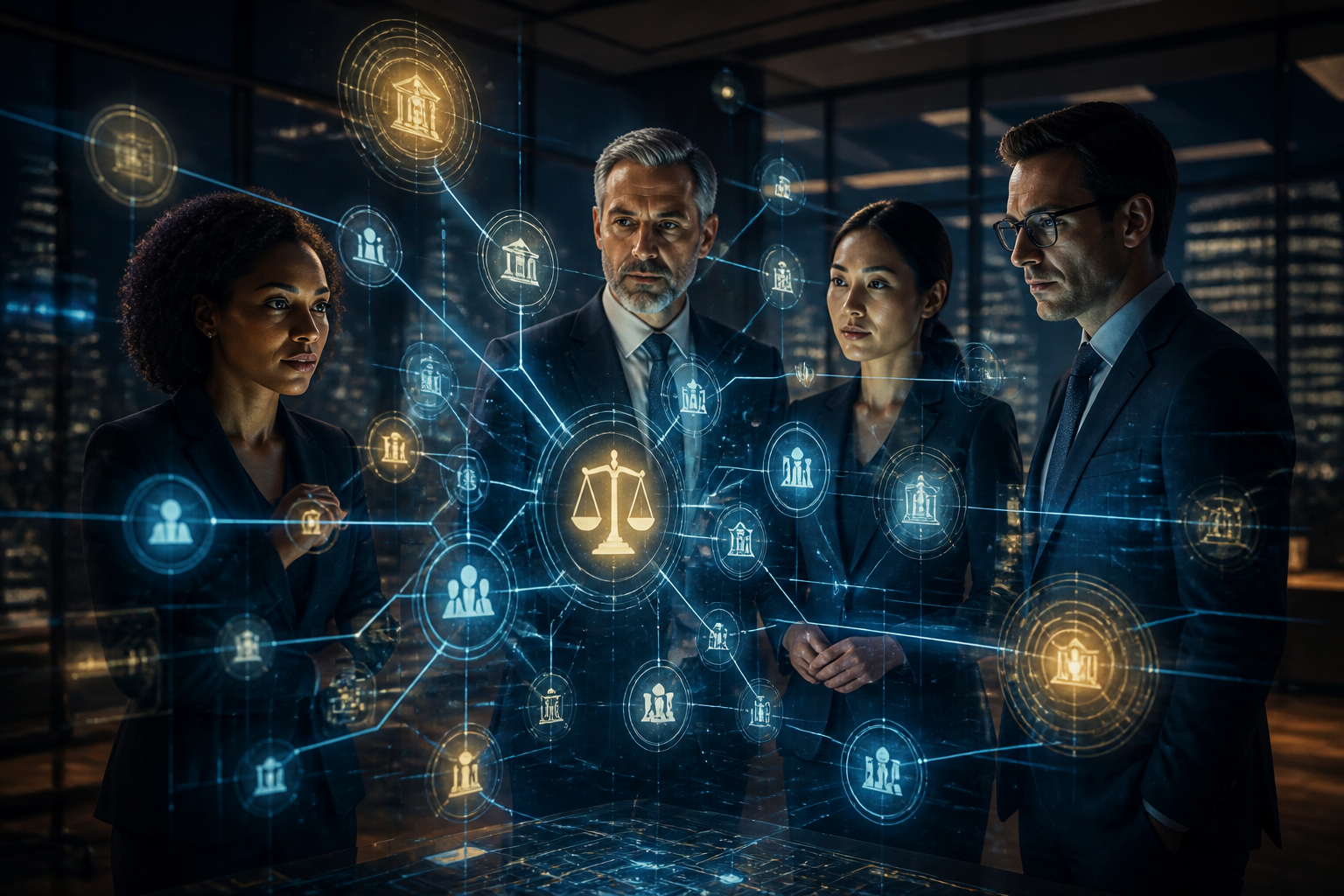 Abstract visualization of autonomous AI agents processing legal workflows in a modern law firm setting.