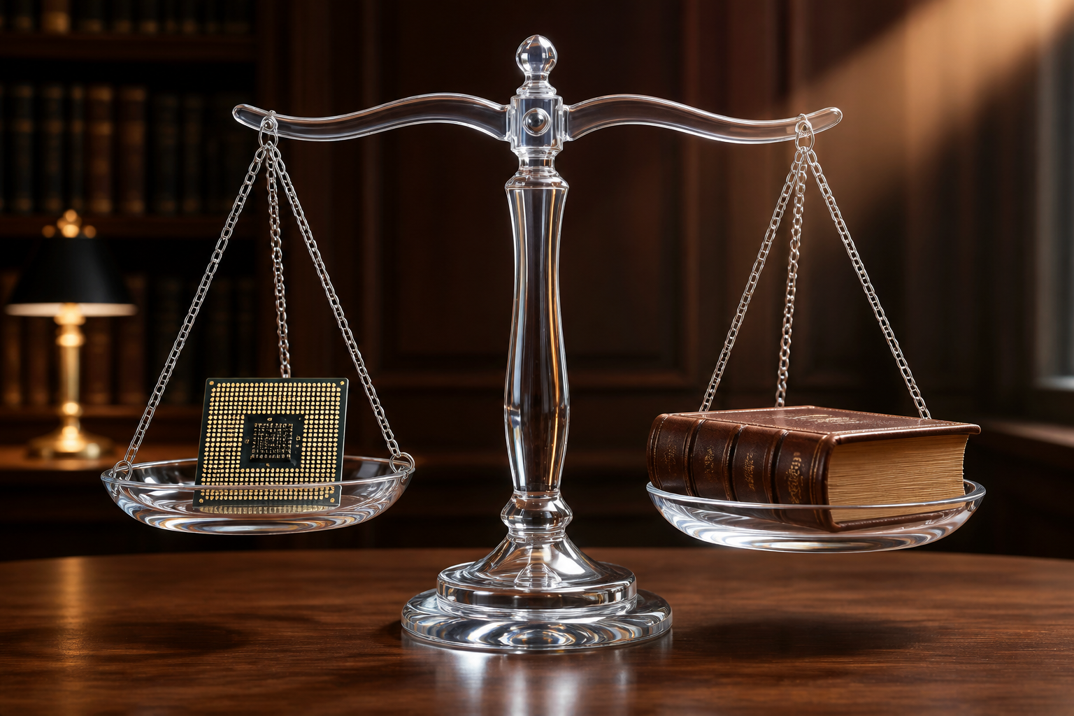 Symbolic representation of digital technology balanced with traditional legal theory on a scale.