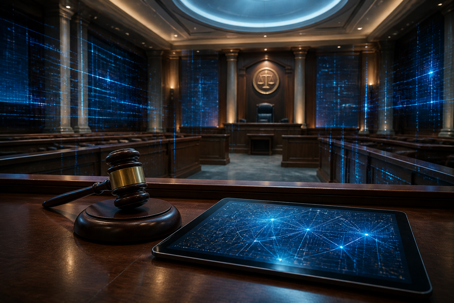 A high-tech courtroom setting symbolizing the intersection of legal tradition and artificial intelligence data verification.