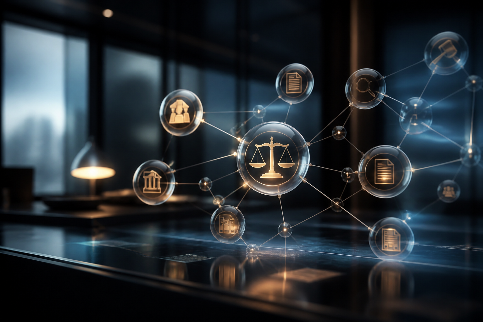 Concept of interconnected autonomous legal AI agents processing data nodes