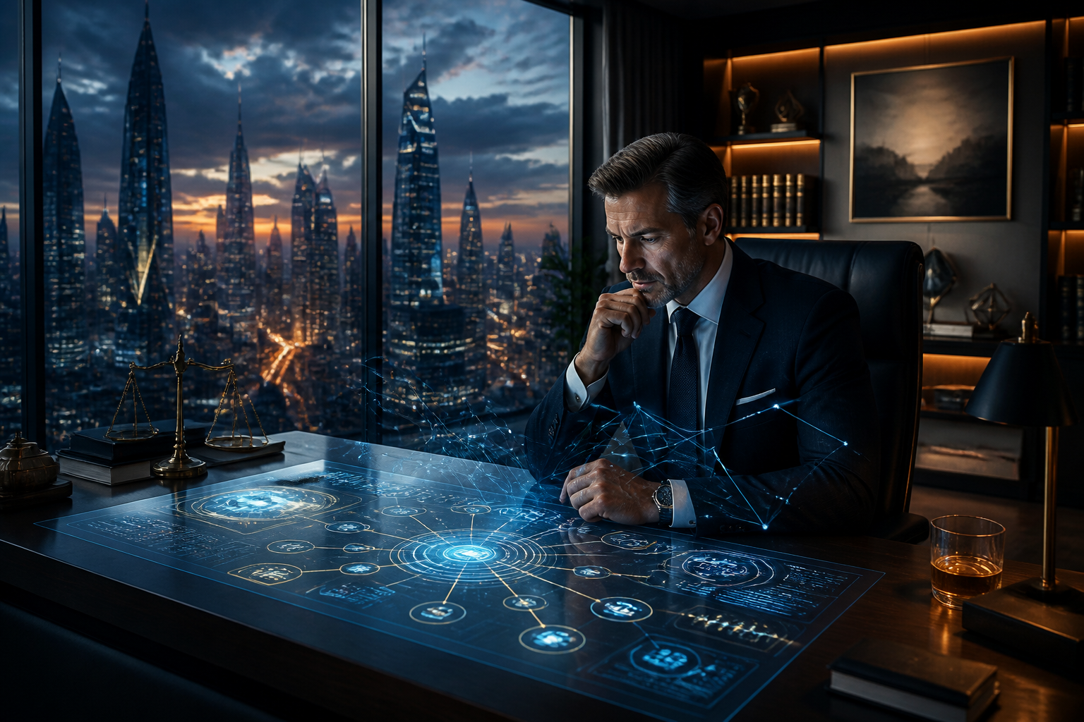 A futuristic law office with holographic displays representing autonomous AI agents and legal data workflows.