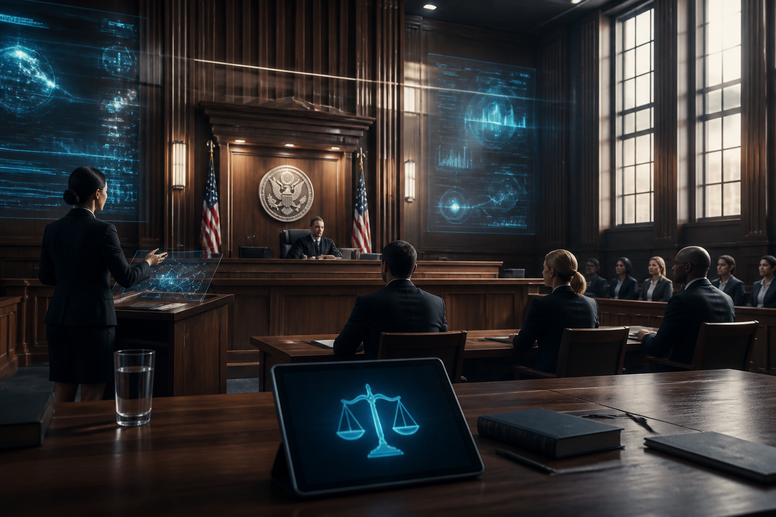 A modern courtroom setting representing the intersection of traditional law and advanced AI technology.