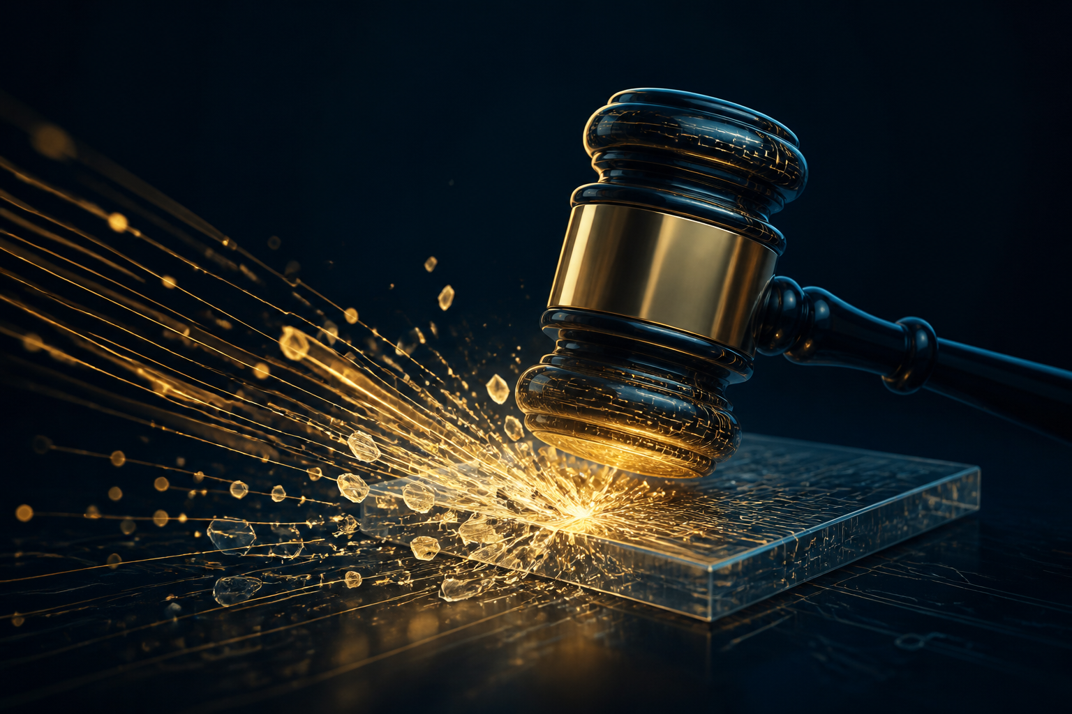 A conceptual digital illustration of a gavel and data streams symbolizing legal technology risks.