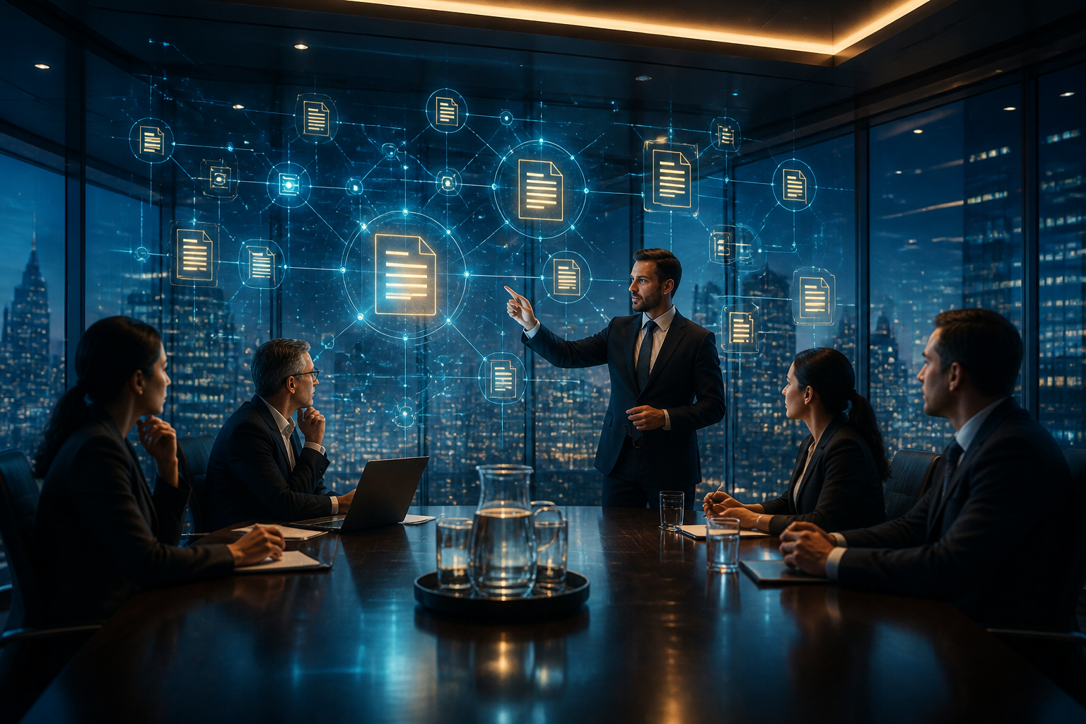 Visual representation of autonomous AI agents connecting legal data points and case law.