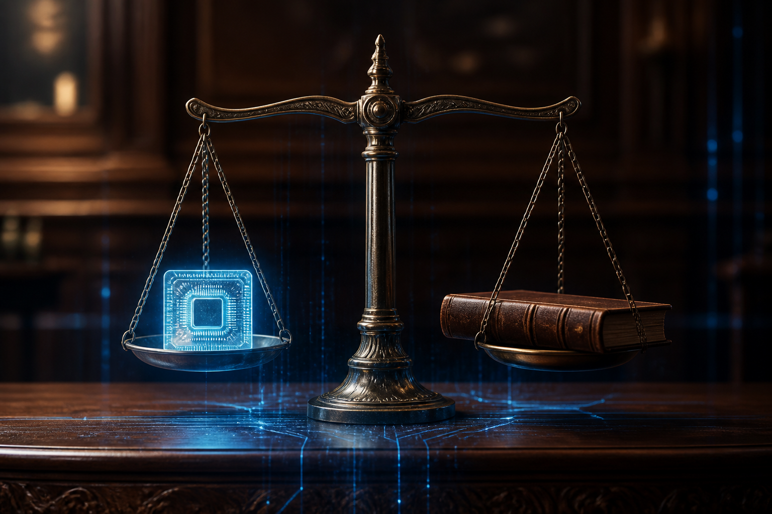 A conceptual image of scales balancing a microchip against a law book.