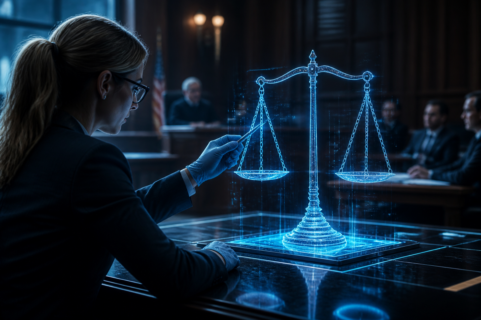 A futuristic judicial setting depicting digital forensic analysis of automated legal documents.