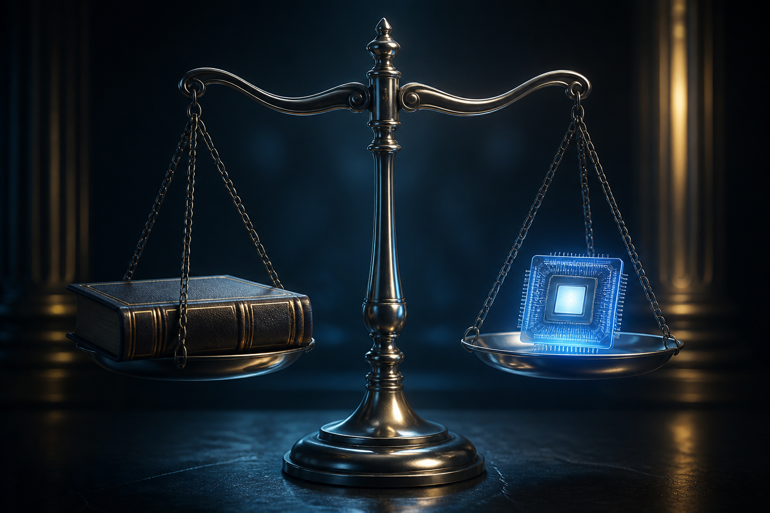 A metaphorical representation of justice balanced against artificial intelligence technology.