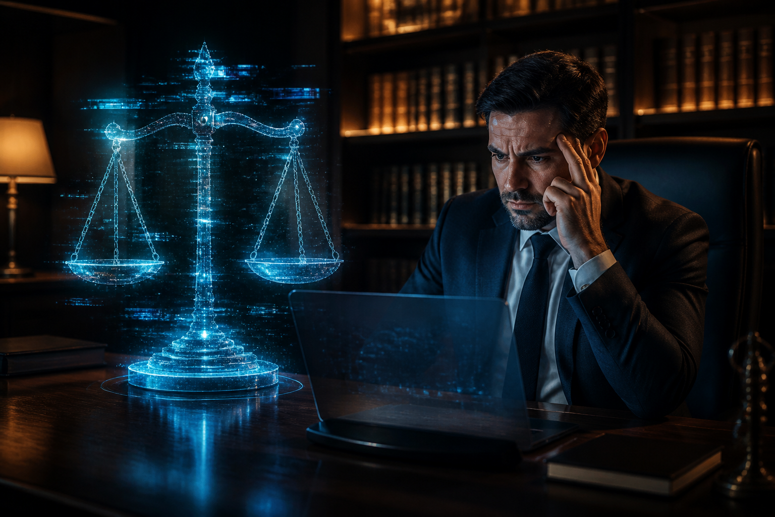 A modern lawyer observing a glitching digital representation of justice, symbolizing AI liability in law.