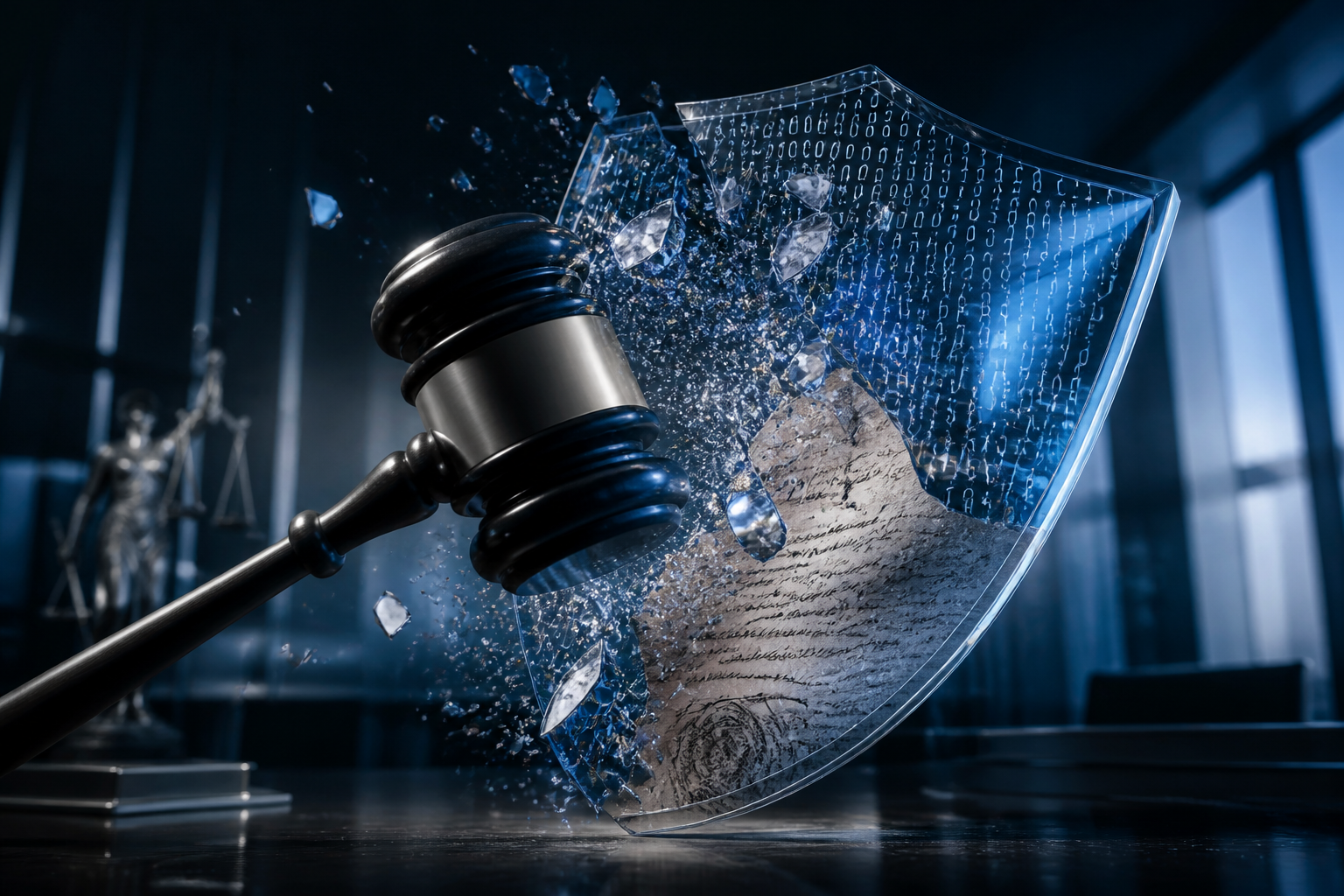 An artistic representation of legal privilege being broken by digital transformation.