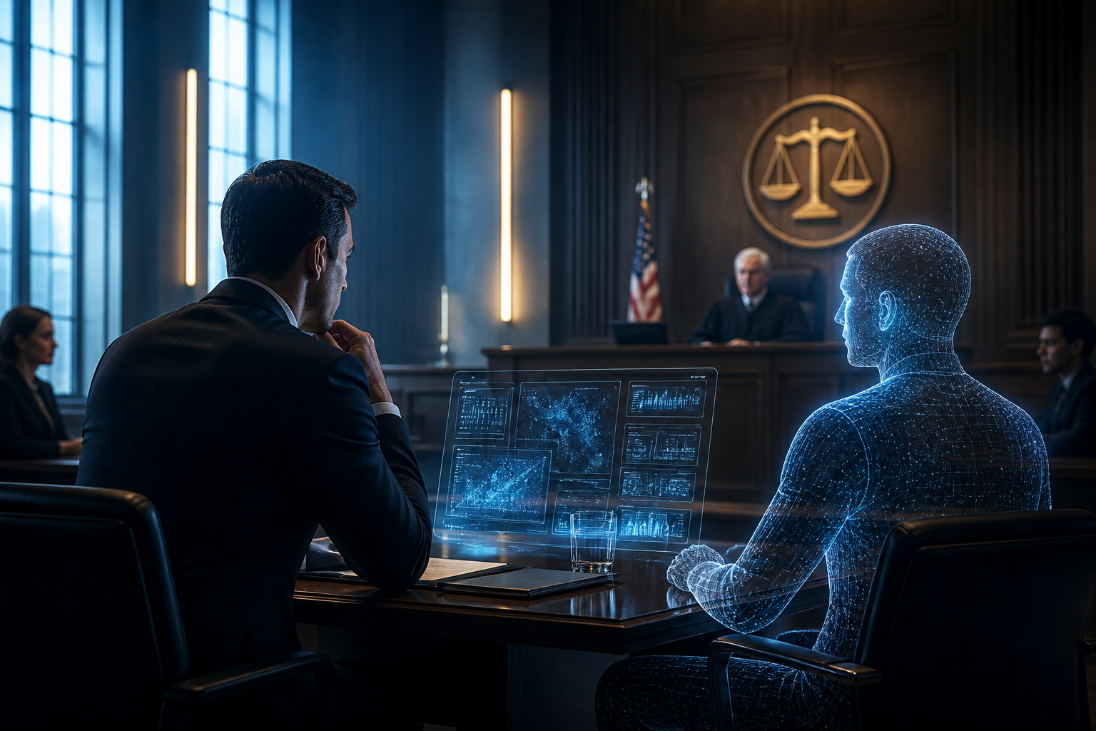 A digital representation of legal data and artificial intelligence integrated into a modern courtroom setting.
