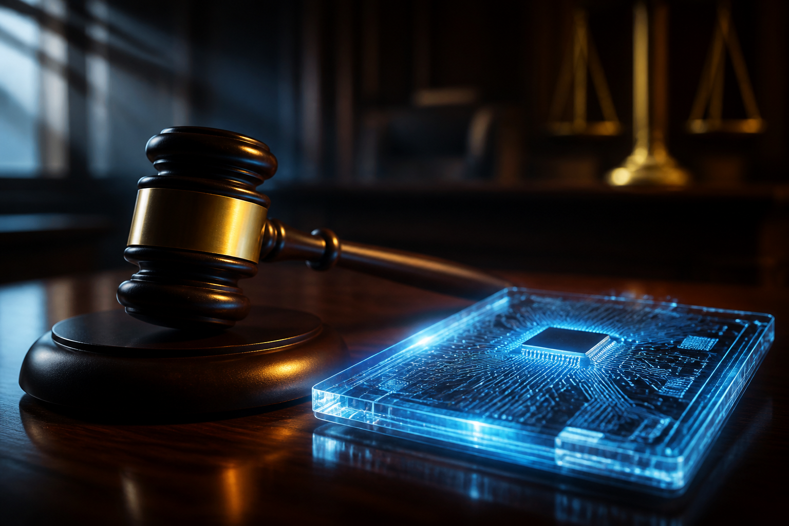A judicial gavel next to a glowing digital circuit board representing AI in law.
