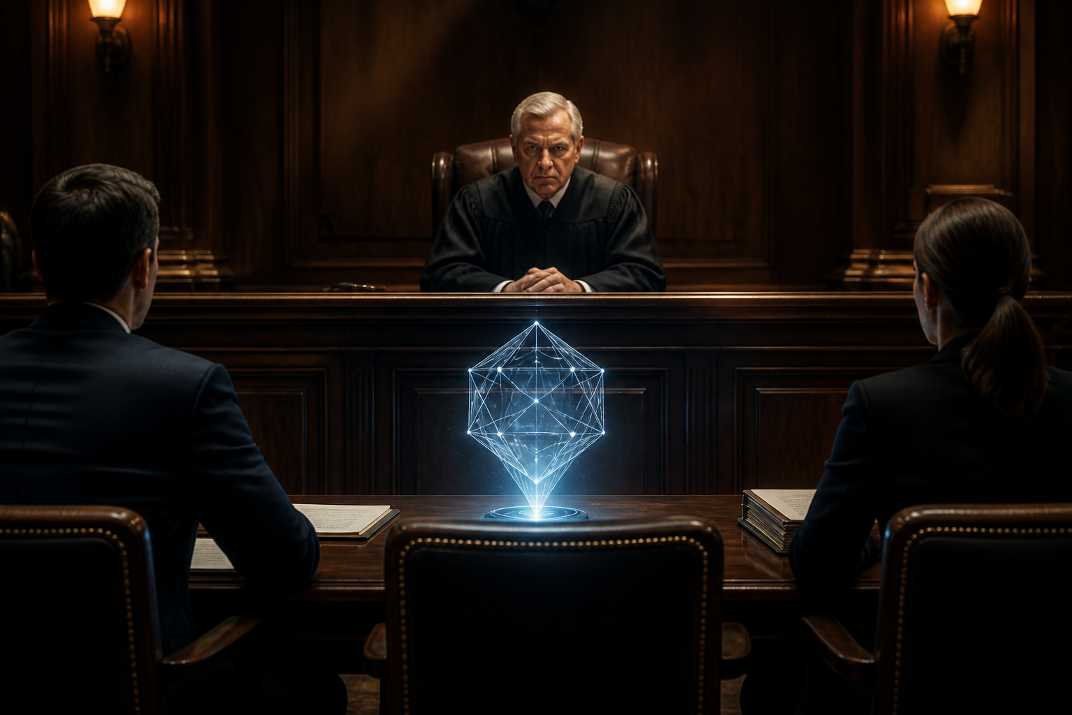 A judicial setting illustrating the tension between traditional legal ethics and autonomous artificial intelligence.