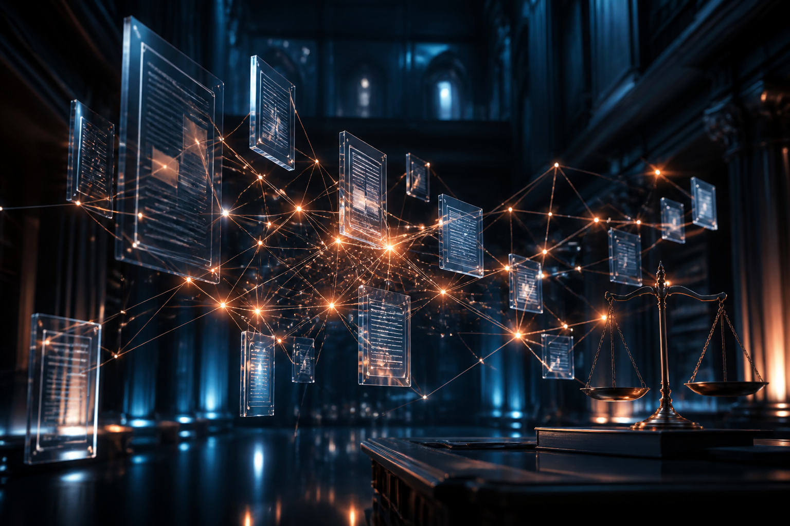 A conceptual digital visualization of autonomous AI agents processing legal documents in a network.
