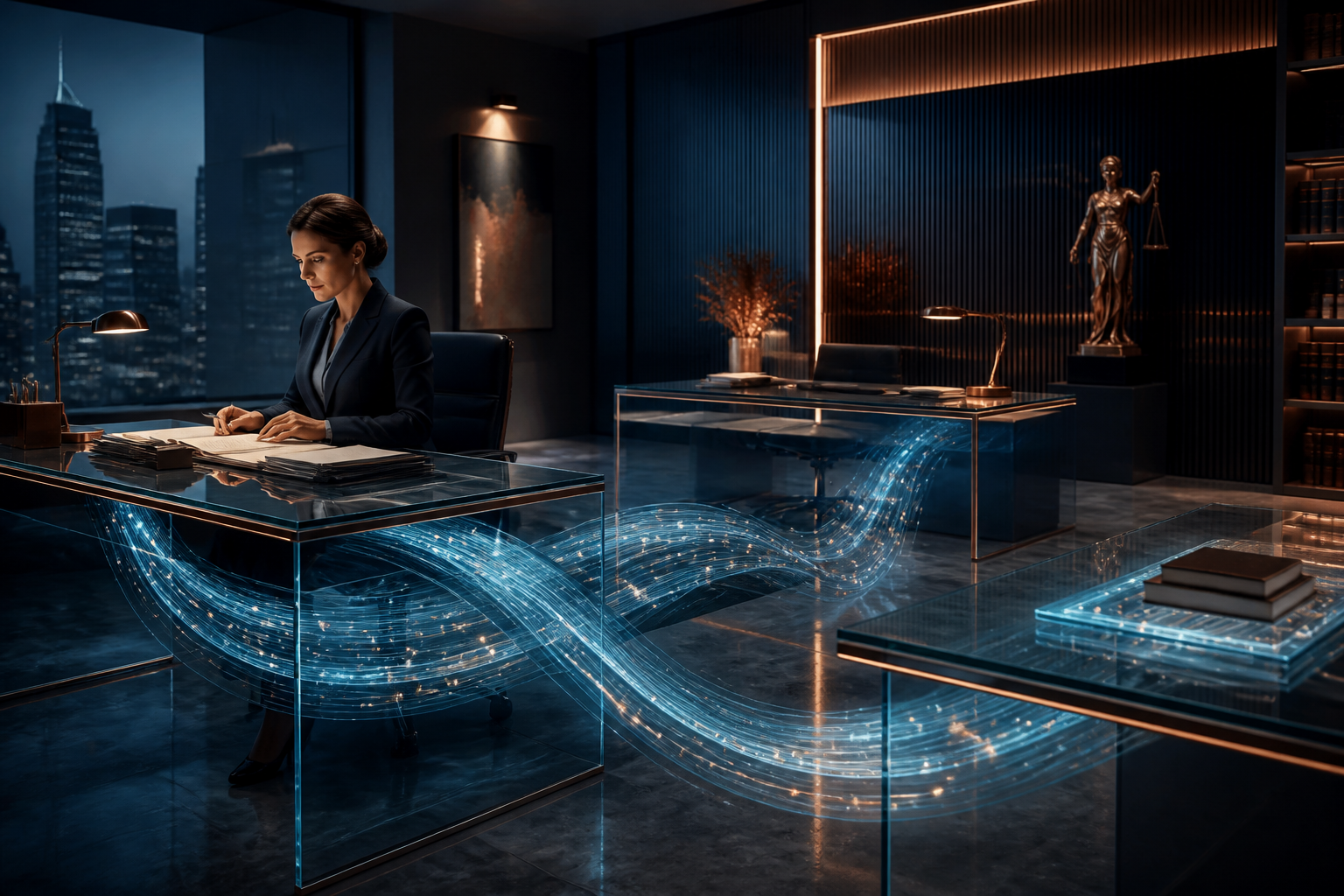 Abstract representation of automated legal workflows and data motion in a digital-first law firm.