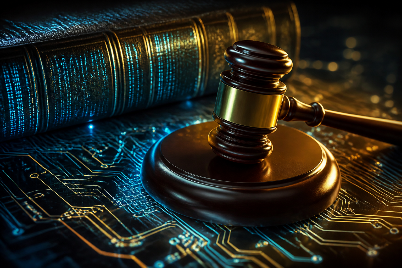 A gavel resting on a digital circuit board representing legal technology oversight.