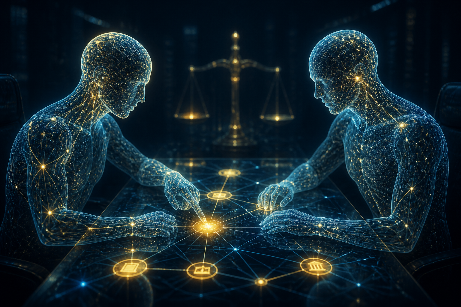 Digital representation of two AI agents negotiating a contract with glowing data nodes.