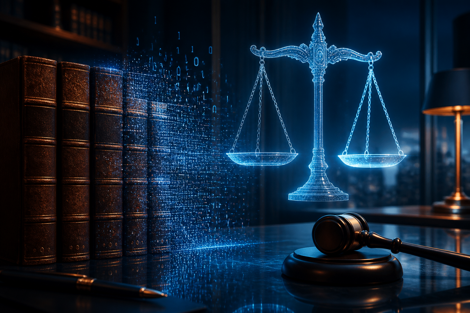Abstract representation of the transition from traditional law to digital AI-driven legal practice.