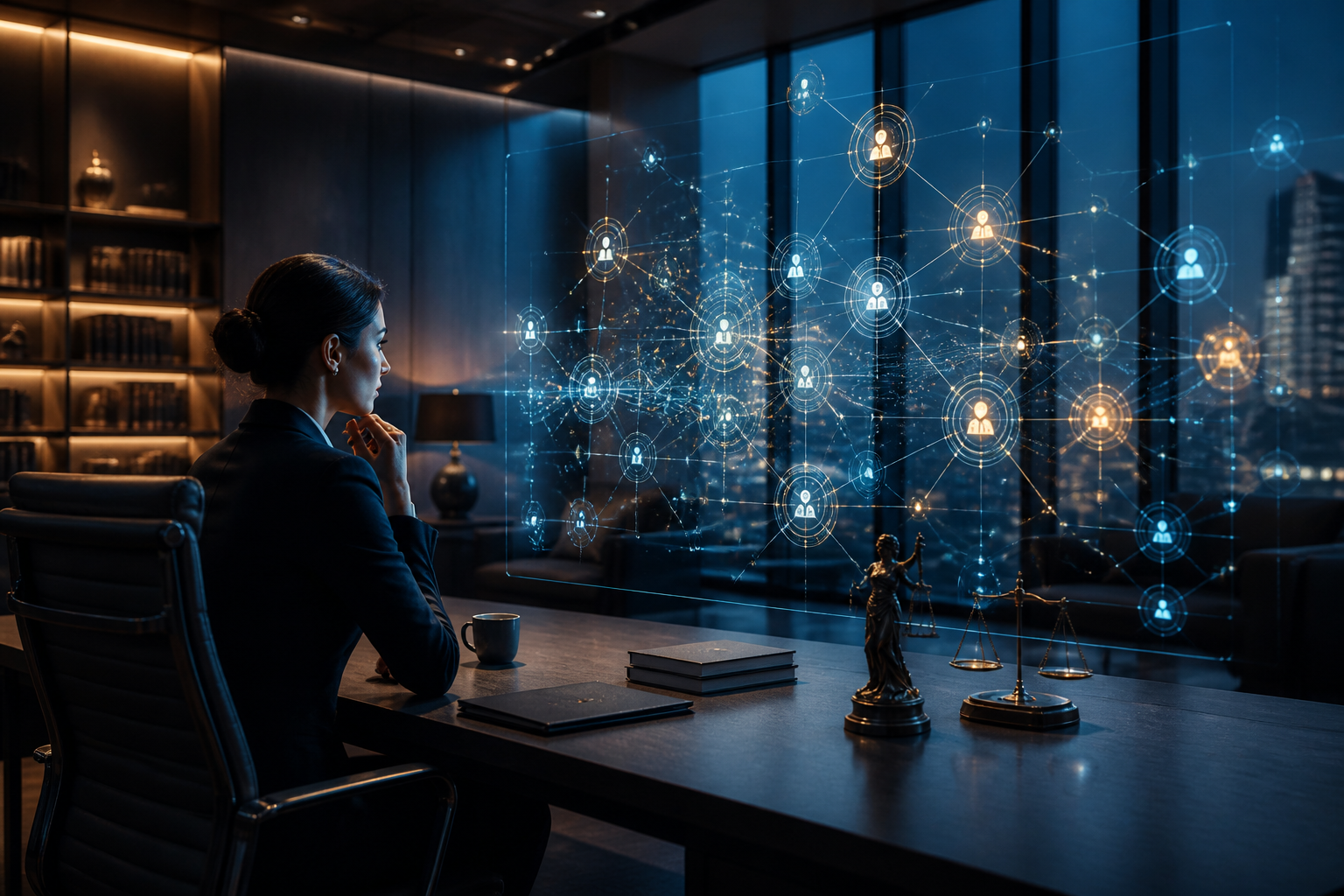 A modern law office setting overlayed with digital representations of autonomous neural networks.