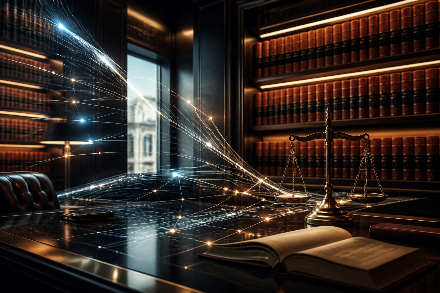 A conceptual blend of classical law library and advanced holographic data streams representing AI integration.