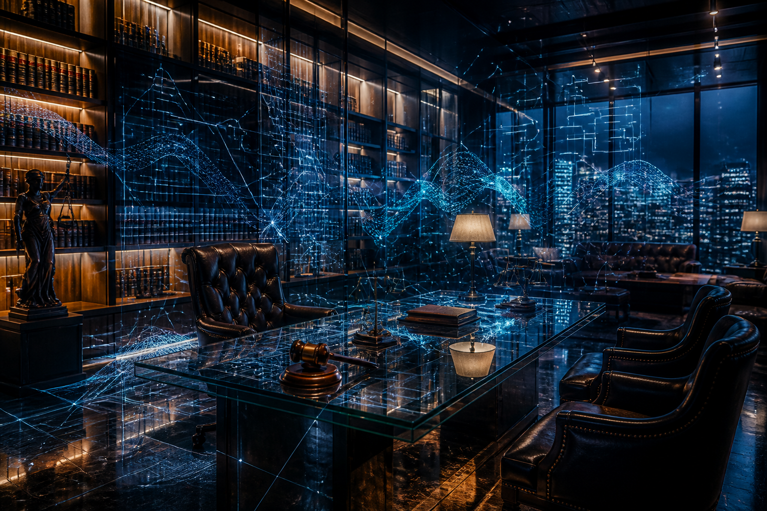 Digital visualization of neural network pathways flowing through a contemporary high-end law firm interior.