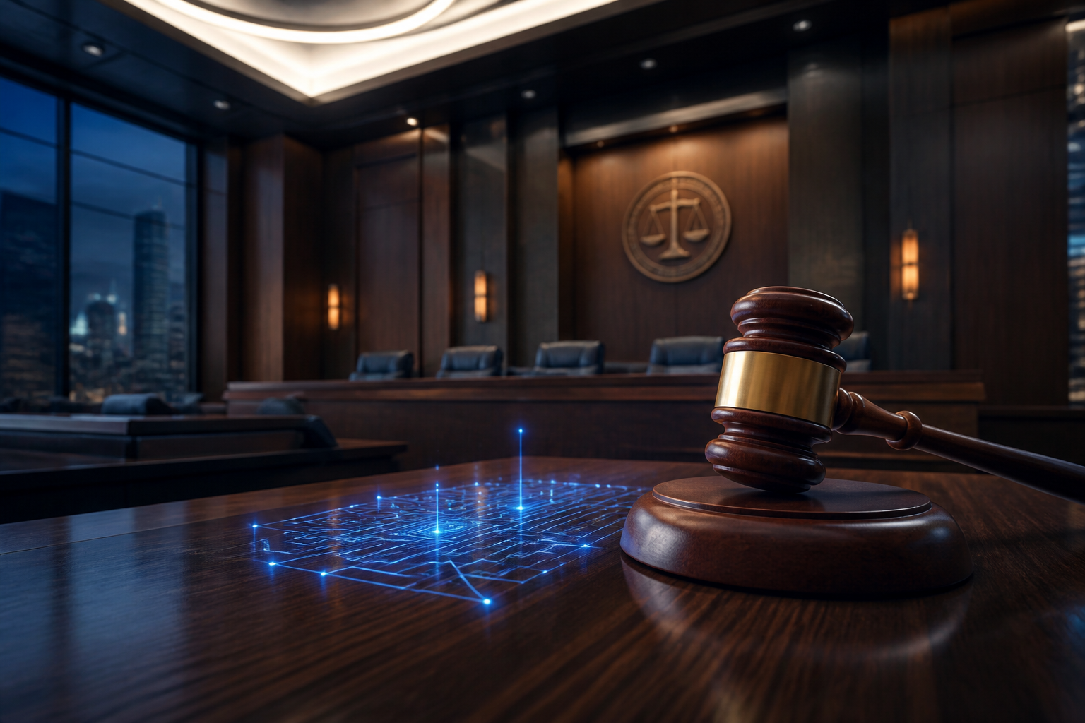 A judge's gavel resting on a desk with digital light patterns suggesting the intersection of law and technology.
