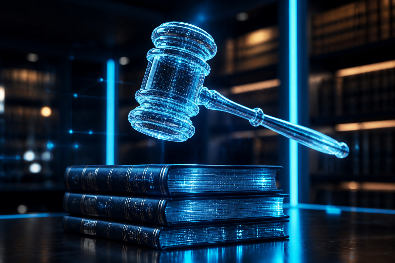 A glowing digital gavel resting on top of high-tech data streams representing legal intelligence.