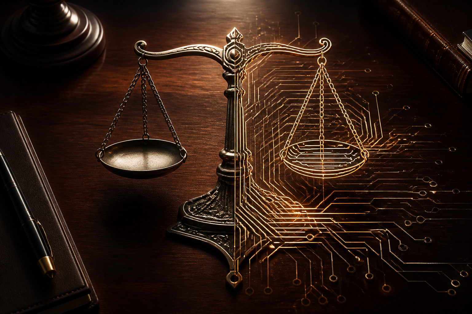 Digital scales of justice integrated with glowing circuit patterns on a law office desk.