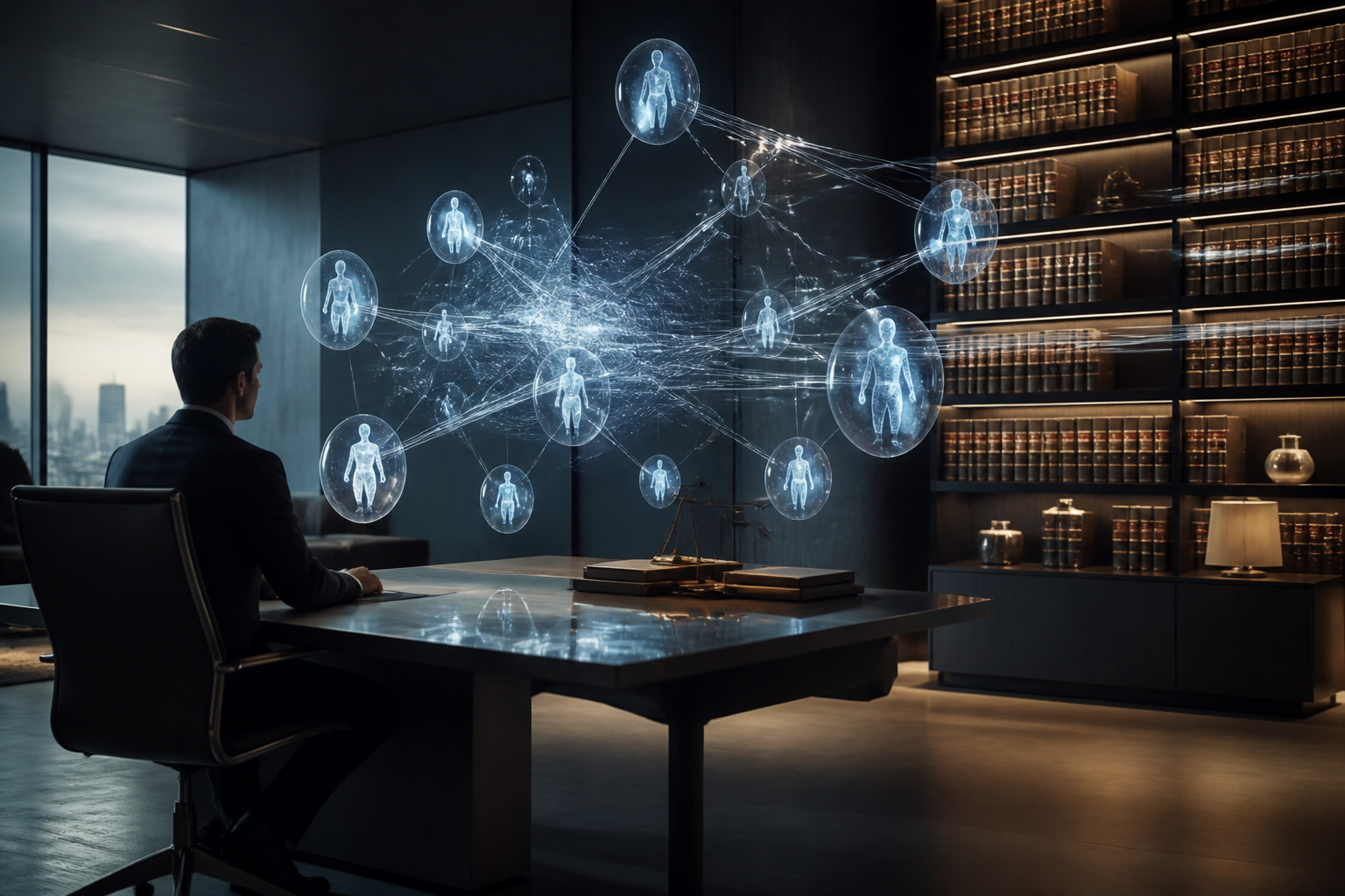 Digital representation of autonomous legal AI agents processing structured data in a modern legal environment.