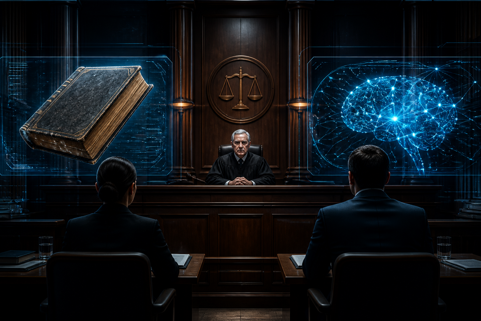 Abstract representation of traditional law merging with generative artificial intelligence systems.