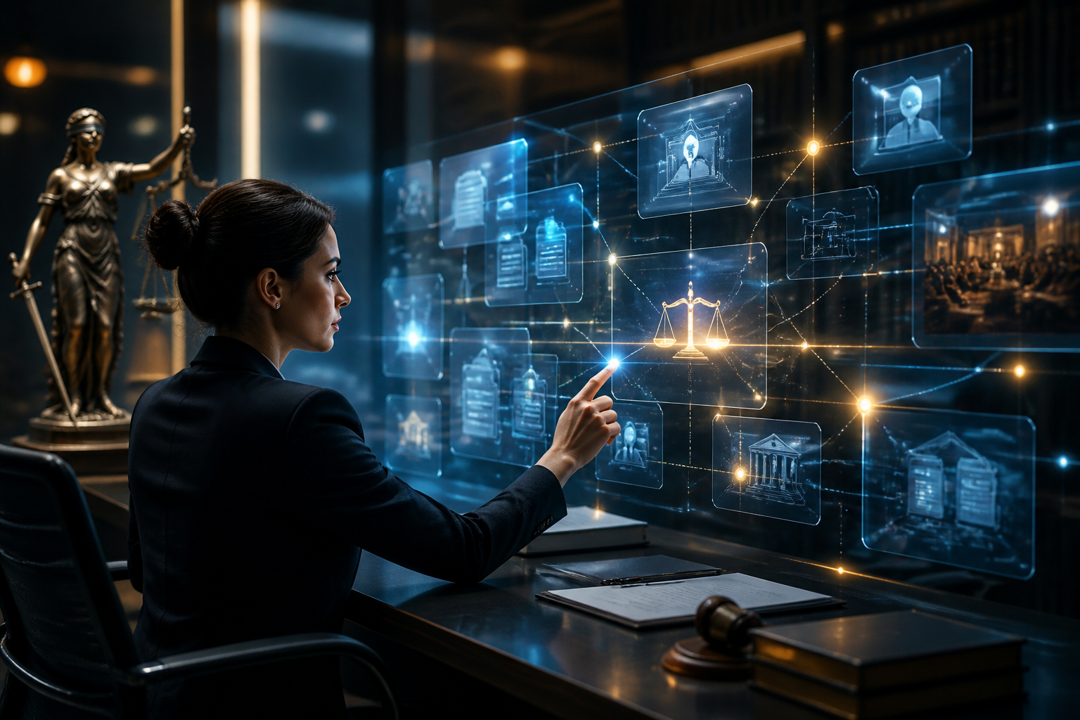 Abstract representation of autonomous legal agents processing complex legal data infrastructure.