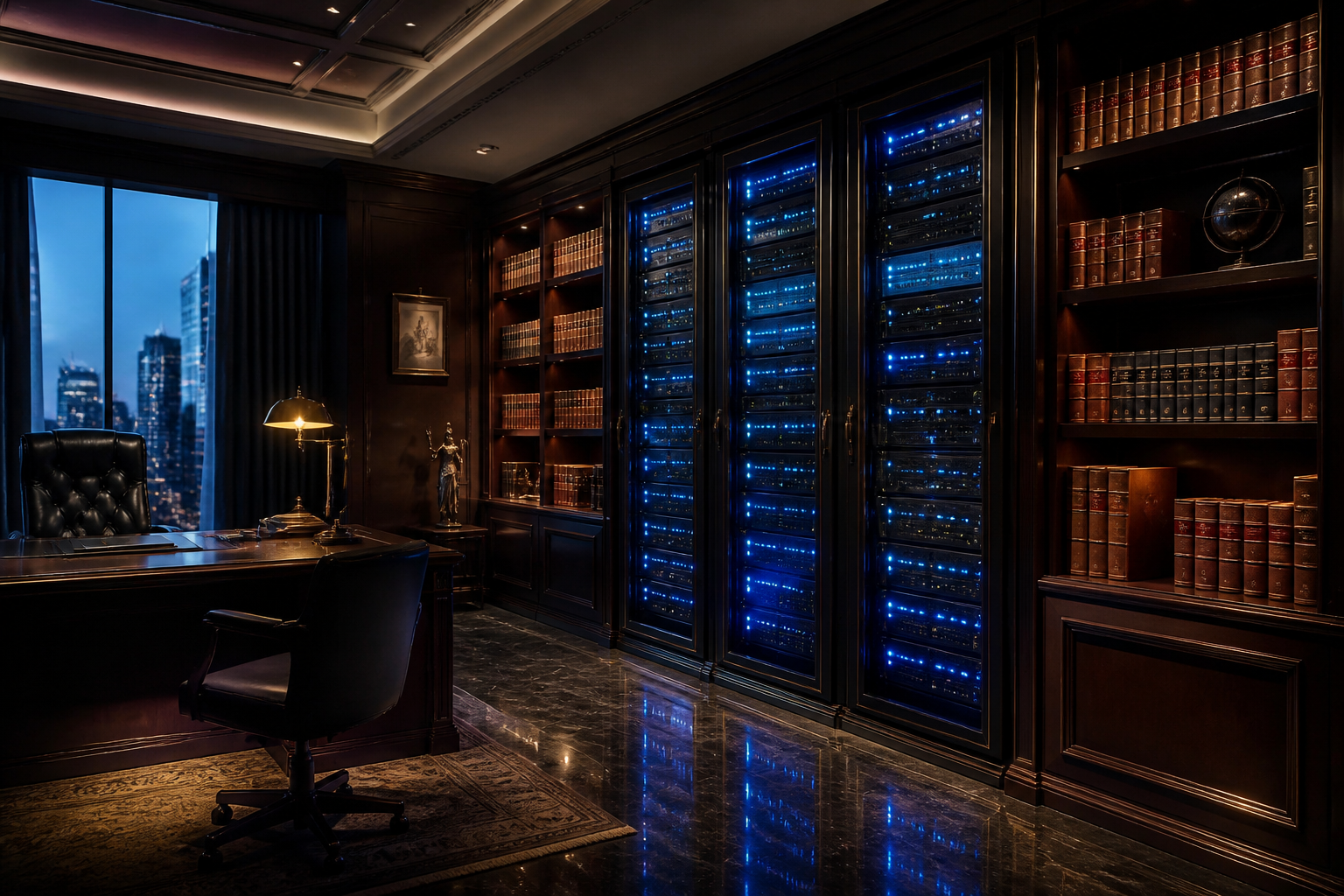 A high-tech legal server room representing sovereign AI infrastructure for law firms.
