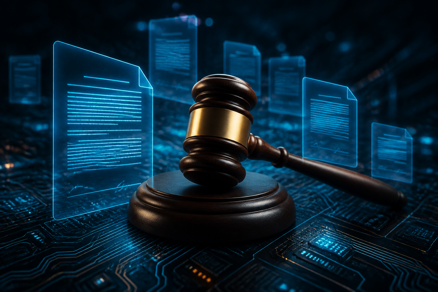 A conceptual digital representation of a gavel and futuristic legal documents representing AI liability.