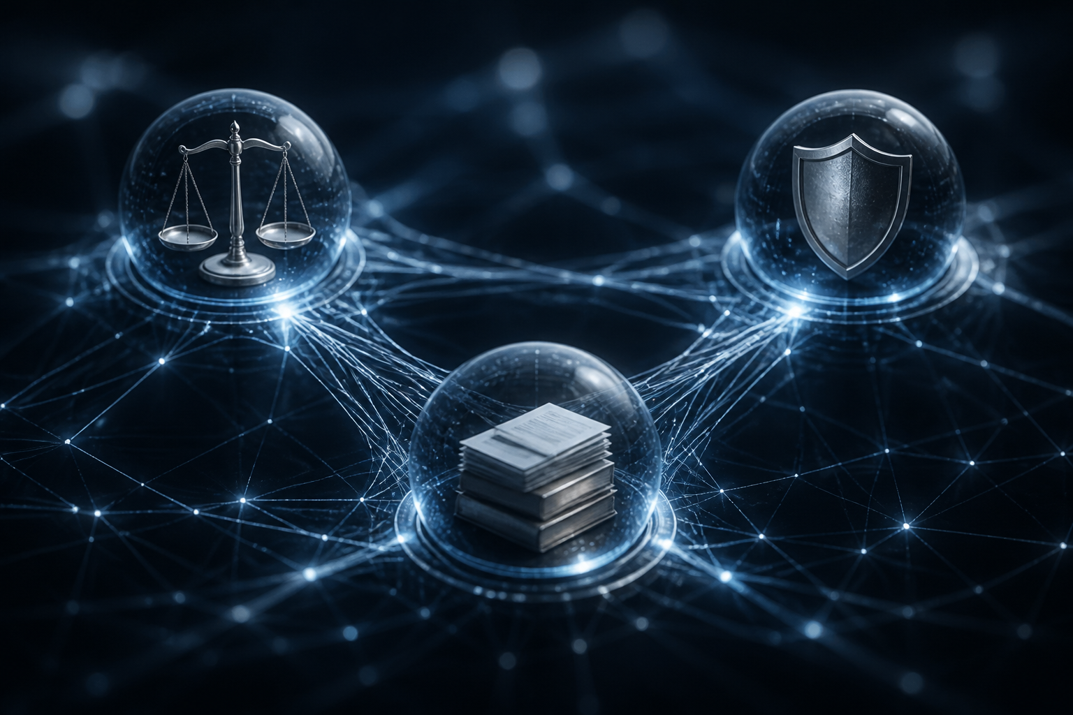 Abstract representation of interconnected legal AI agents managing complex workflows.