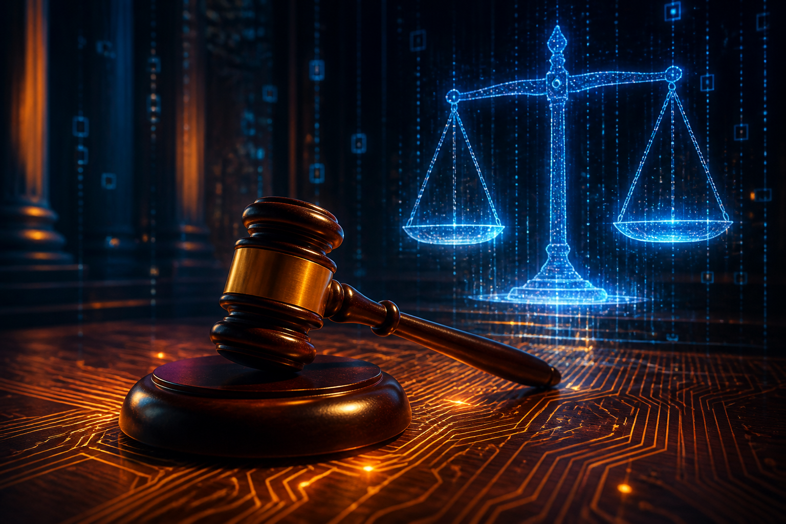 A gavel resting on a digital circuit board desk illustrating AI legal liability.