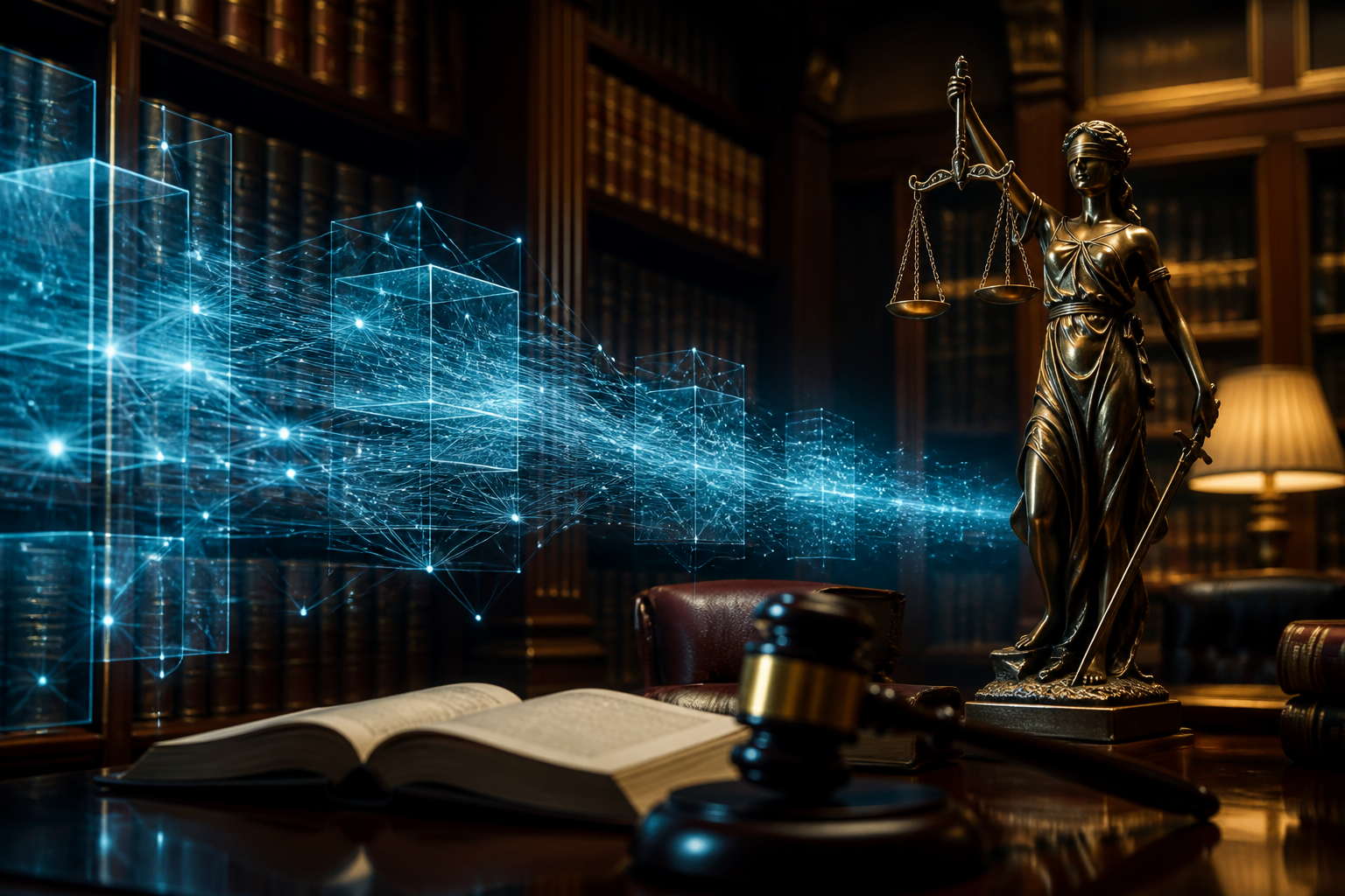 Abstract representation of neural networks integrated into a traditional law library setting.