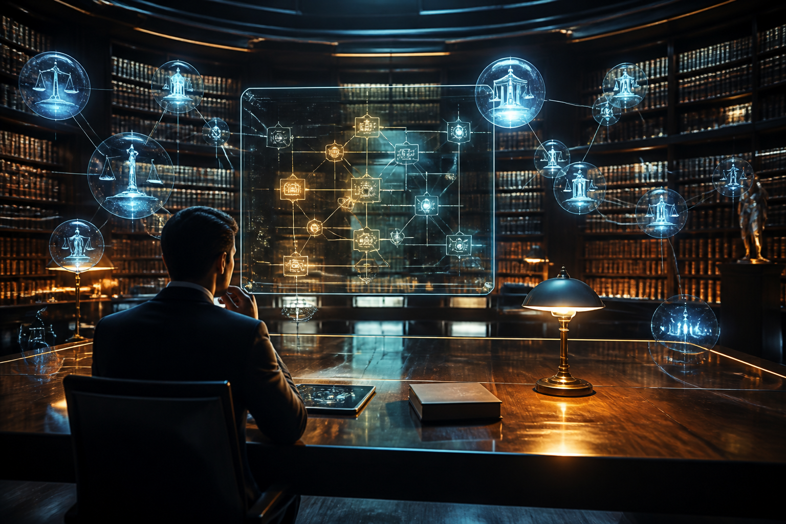A futuristic visualization of legal reasoning and data interconnectedness in a modern law office.