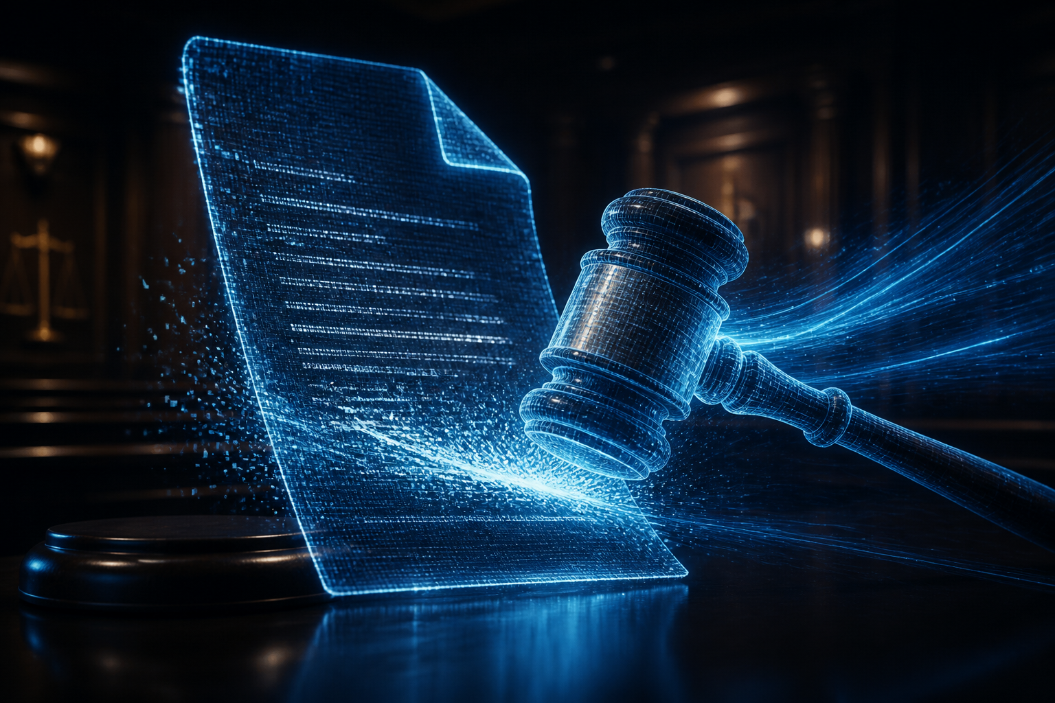 A digital gavel impacting a holographic legal brief, symbolizing judicial sanctions for AI errors.