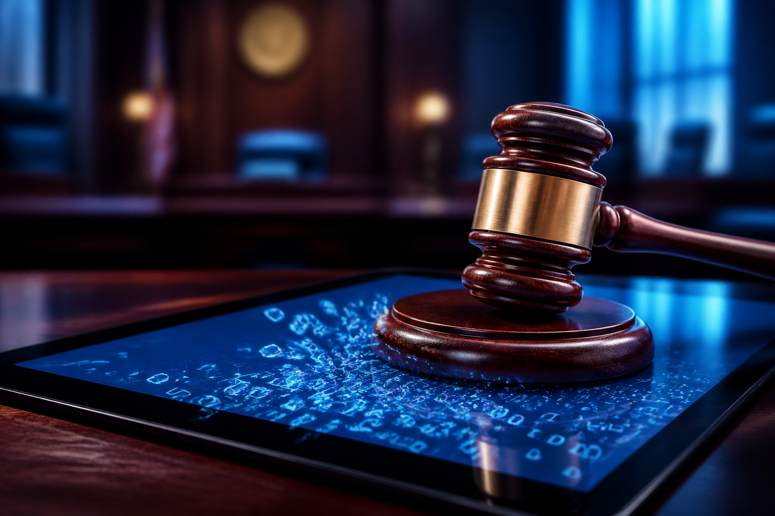 A judge's gavel on a digital tablet representing AI legal sanctions.