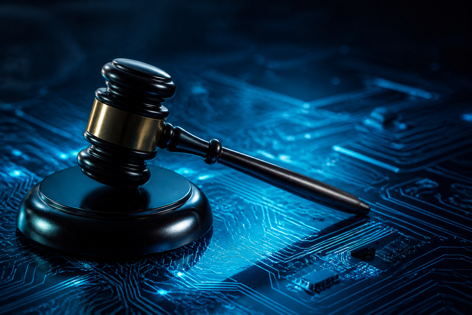 A gavel resting on a glowing blue digital circuit board.
