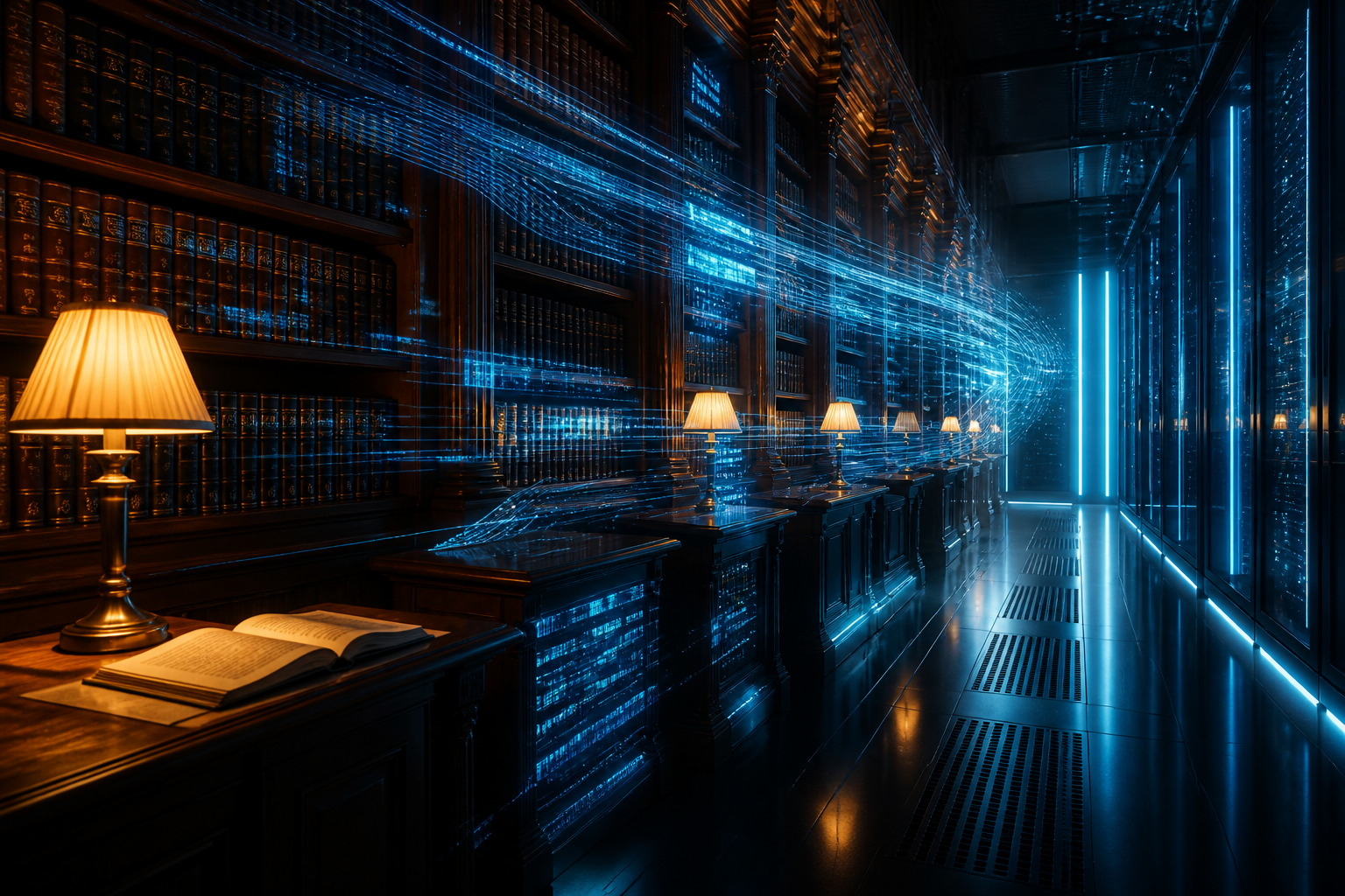 Digital data streams intersecting with traditional legal library elements representing the evolution of discovery.