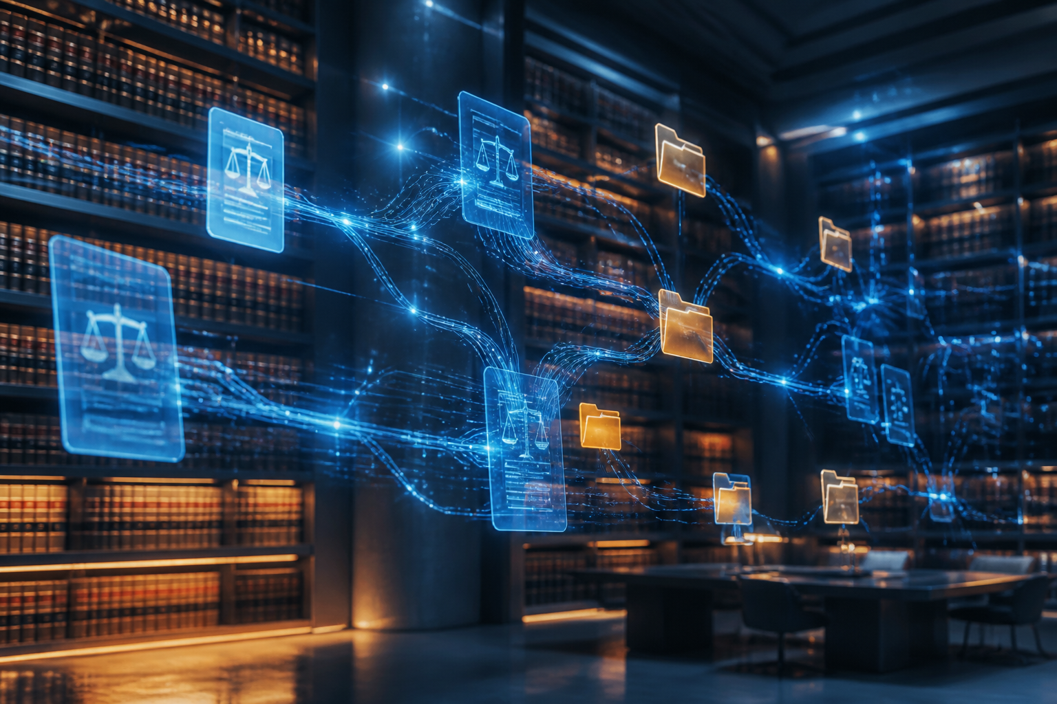 Digital representation of neural networks connecting legal documents in a high-tech law office environment.