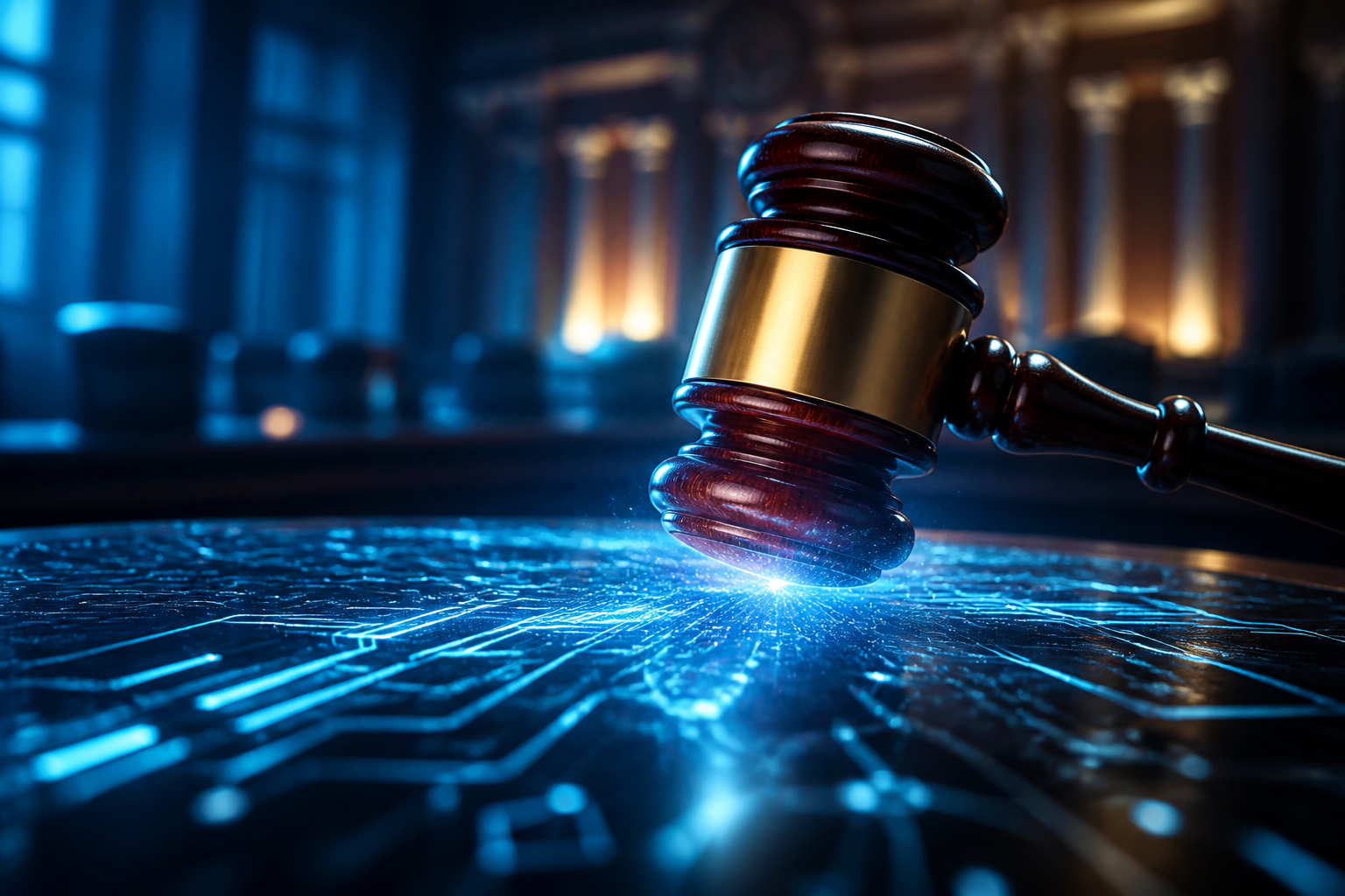 A judge's gavel striking a digital circuit board representing legal technology and judicial oversight.