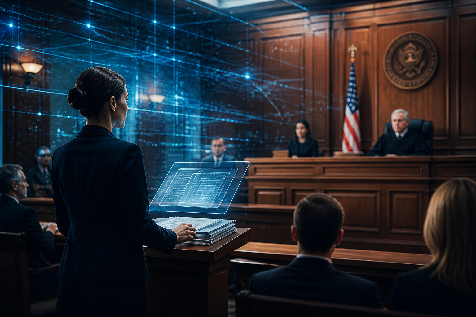 A modern courtroom setting depicting the integration of advanced data technology and traditional legal practice.