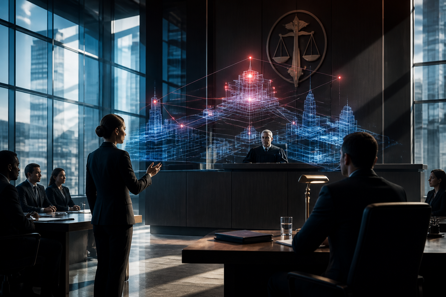 A modern digital courtroom setting showing a holographic display of data verification nodes.