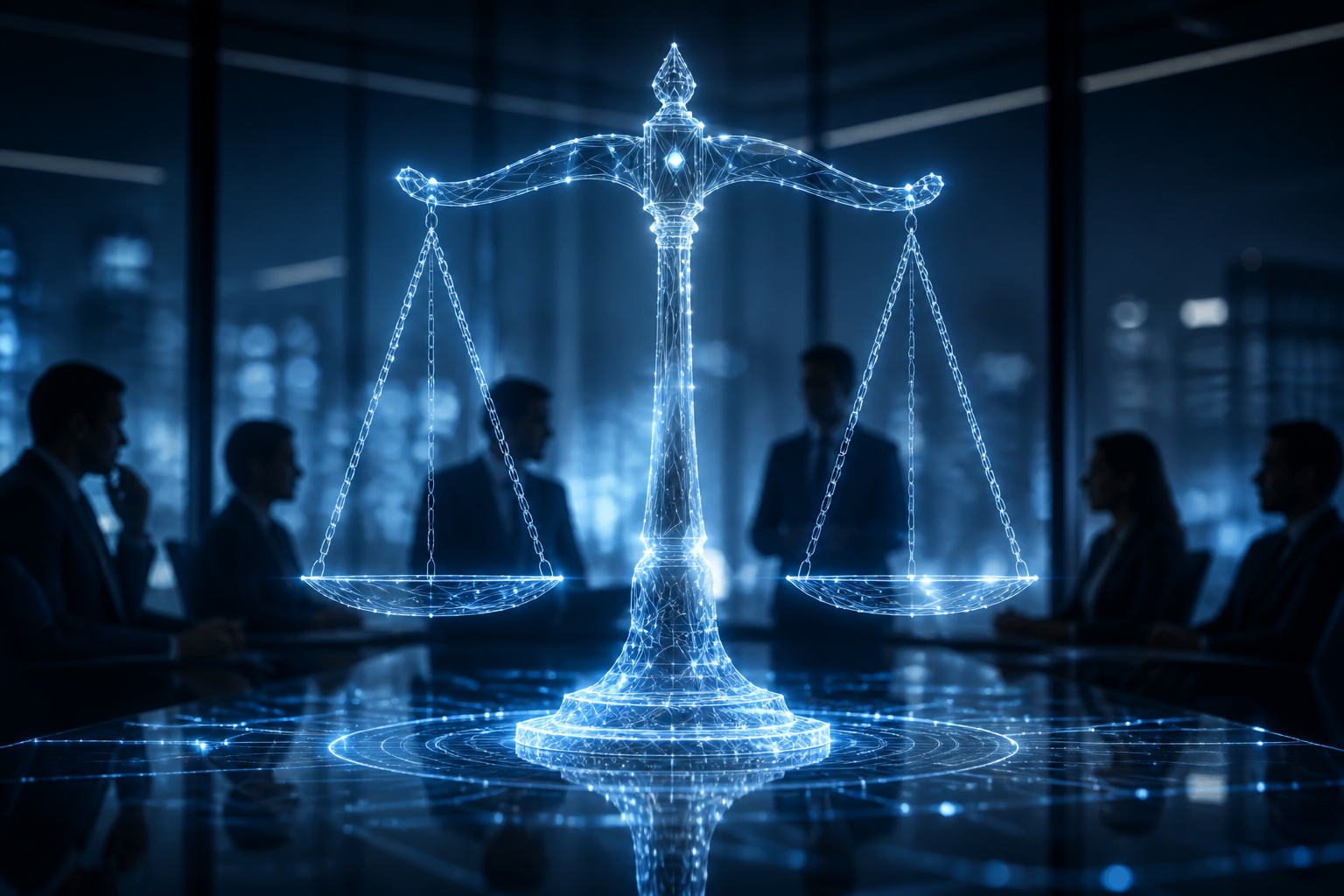 Digital scales of justice overlaying a modern law firm boardroom, symbolizing AI integration in legal decision-making.