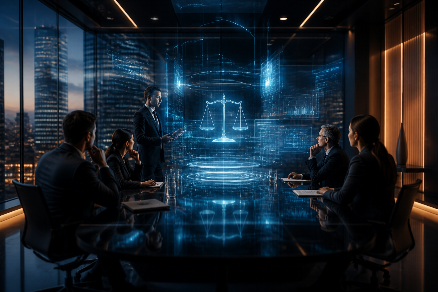 A futuristic boardroom representing the integration of AI agents in legal arbitration.