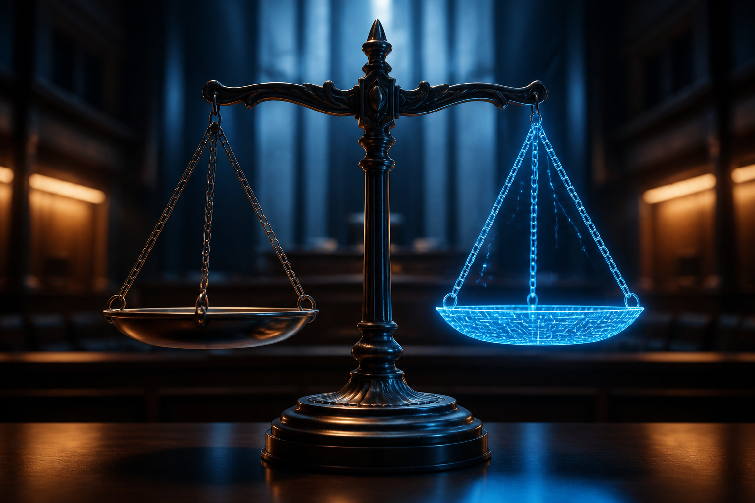 A conceptual digital scale representing the balance between traditional law and algorithmic regulatory interpretation.
