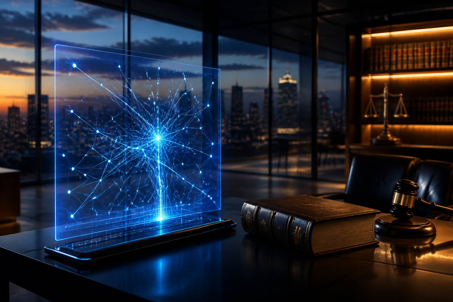 A modern law office setting featuring a holographic AI interface representing autonomous legal agents.